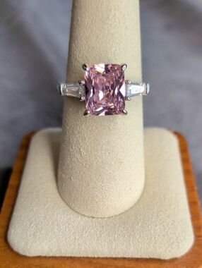 Pink Cushion-Cut Solitaire Ring with Baguette Accents - Women Jewelry